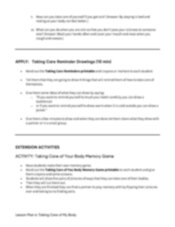 Lesson Plan 4: Taking Care of My Body