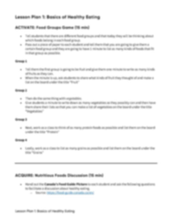 Lesson Plan 1: Basics of Healthy Eating