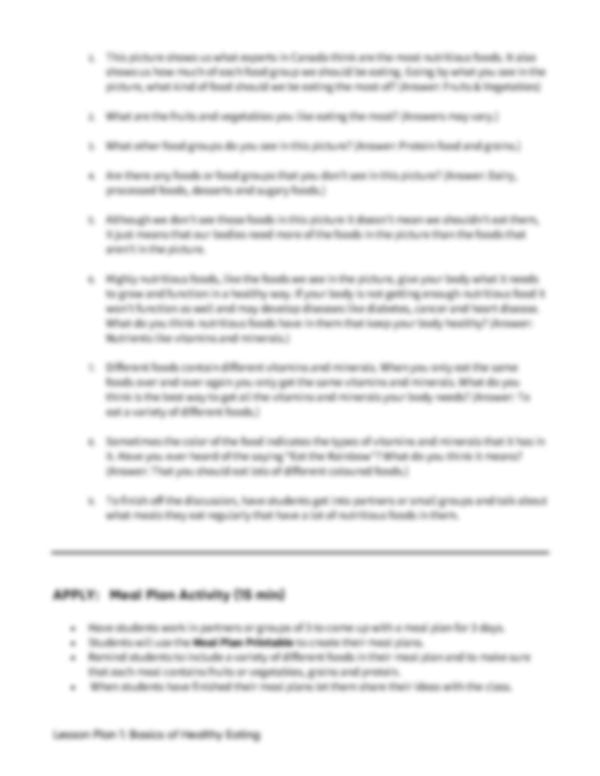 Lesson Plan 1: Basics of Healthy Eating