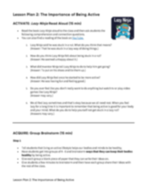 Lesson Plan 2: The Importance of Being Active