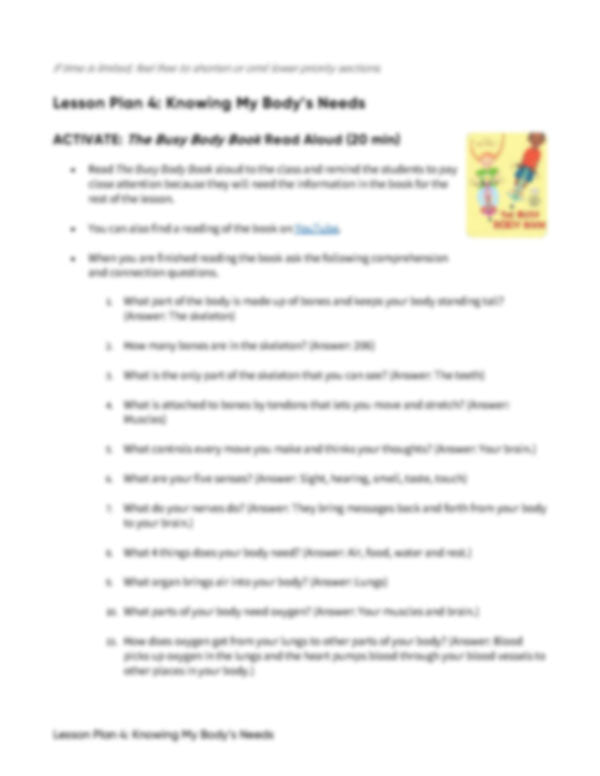 Lesson Plan 4: Knowing My Body's Needs