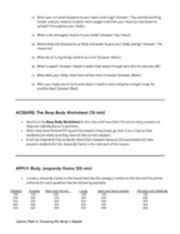 Lesson Plan 4: Knowing My Body's Needs