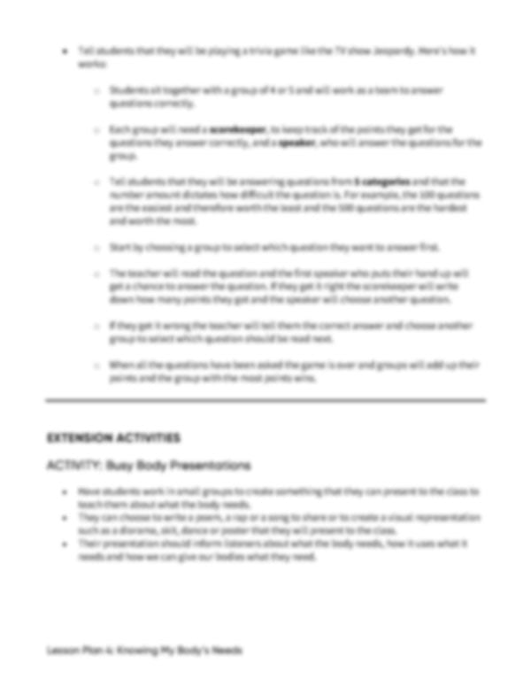 Lesson Plan 4: Knowing My Body's Needs