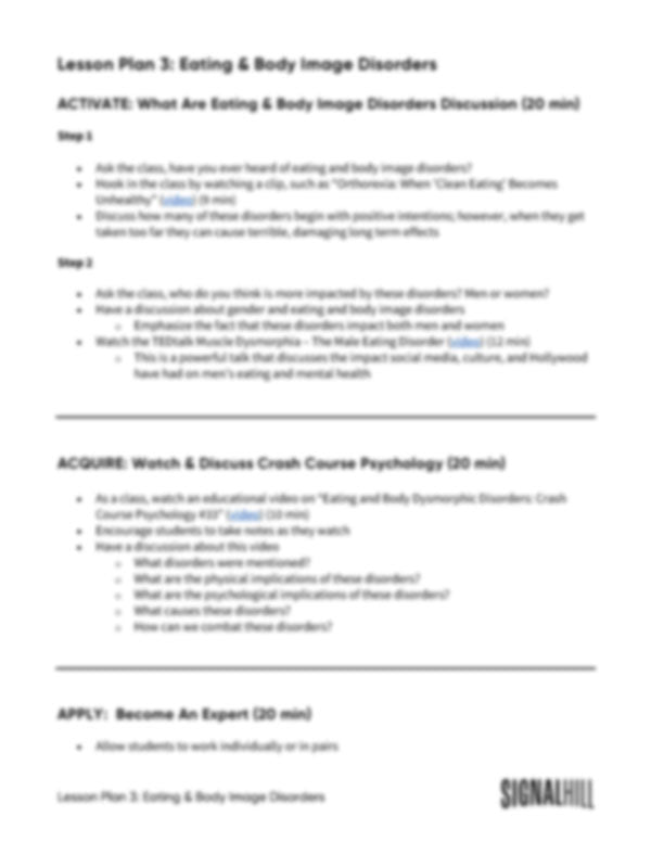 Lesson Plan 3: Eating & Body Image Disorders