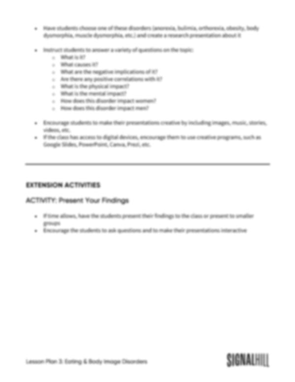 Lesson Plan 3: Eating & Body Image Disorders