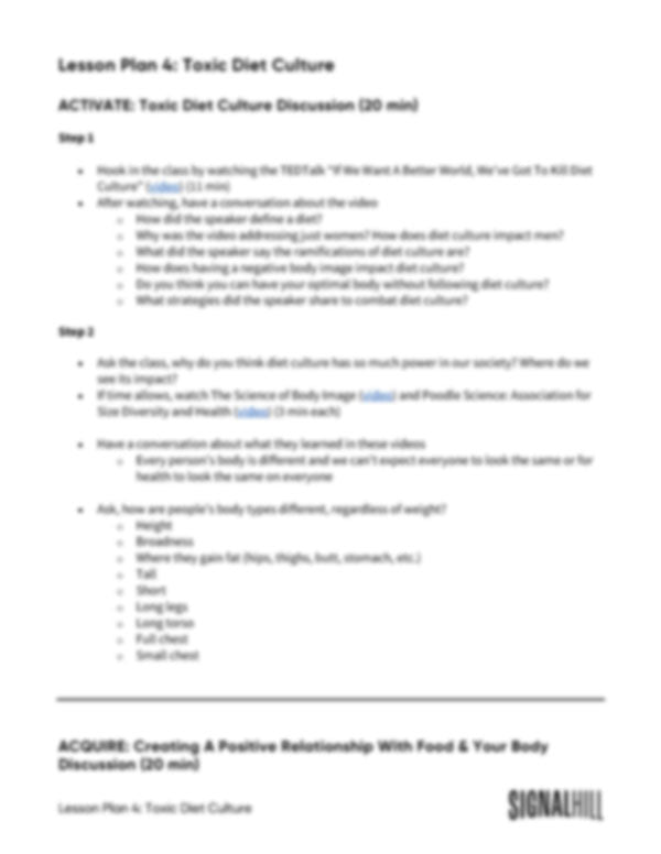 Lesson Plan 4: Toxic Diet Culture