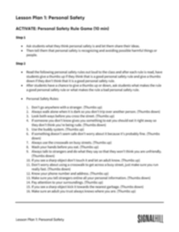 Lesson Plan 1: Personal Safety