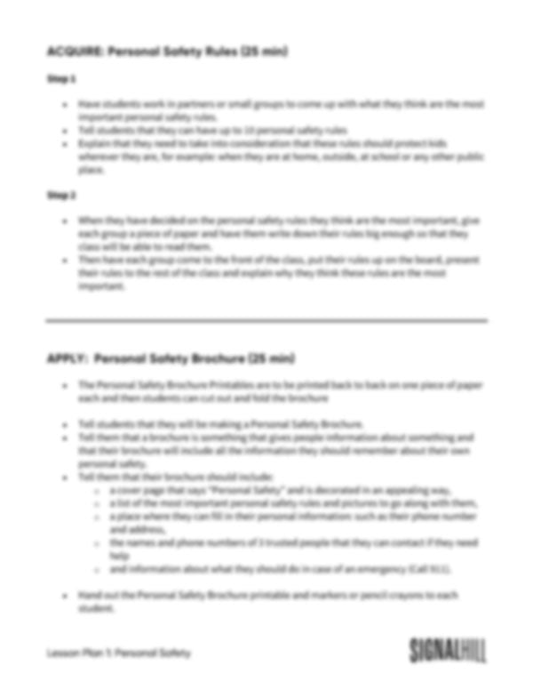 Lesson Plan 1: Personal Safety