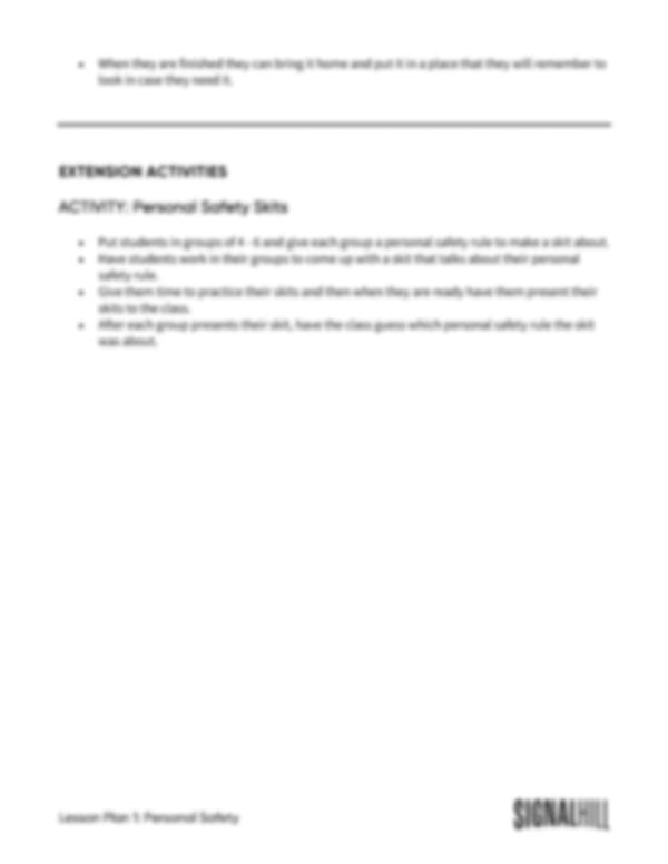 Lesson Plan 1: Personal Safety