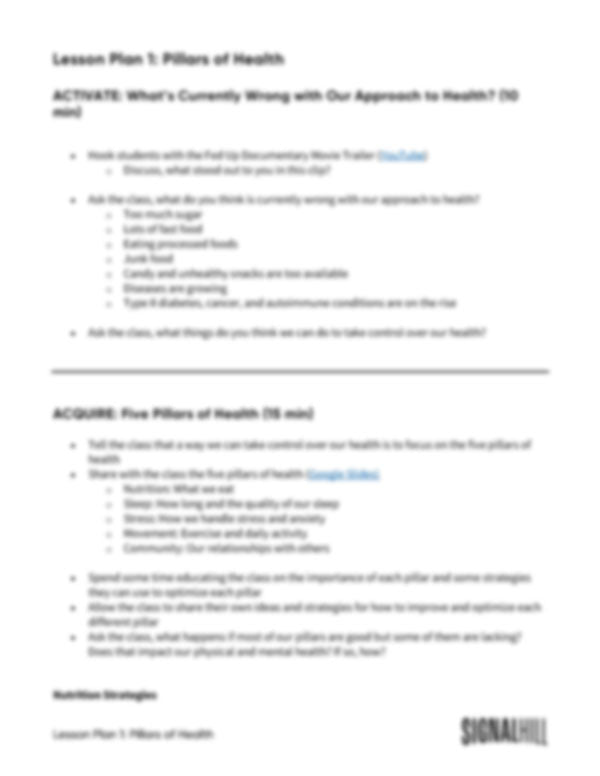 Lesson Plan 1: Pillars of Health