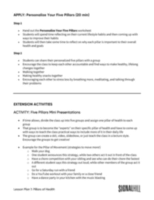 Lesson Plan 1: Pillars of Health