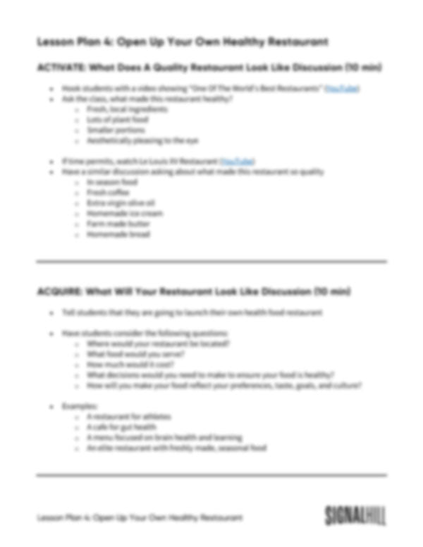 Lesson Plan 4: Open Up Your Own Healthy Restaurant