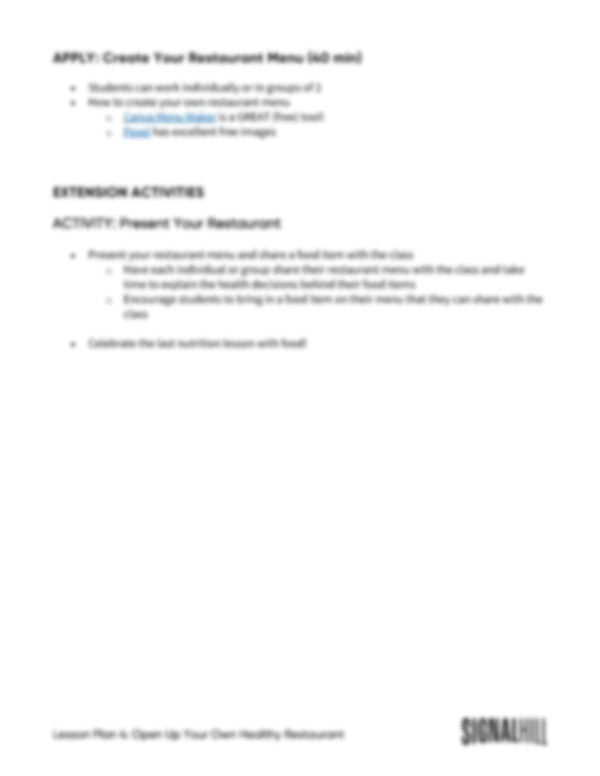 Lesson Plan 4: Open Up Your Own Healthy Restaurant