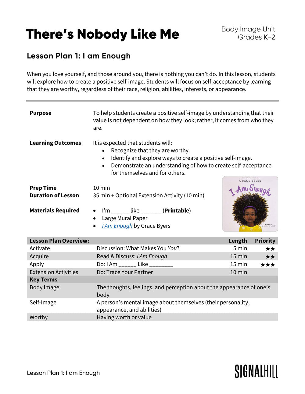 Lesson Plan 2: I am Enough