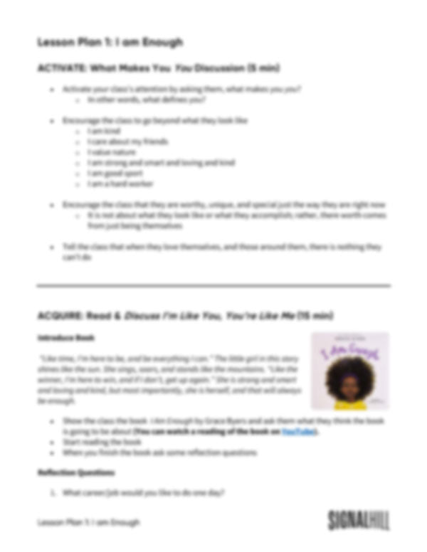 Lesson Plan 2: I am Enough