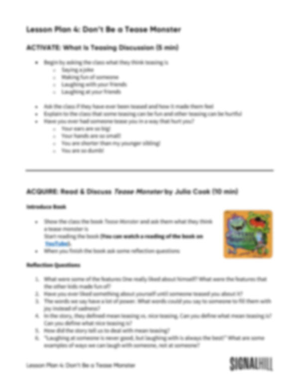 Lesson Plan 4: Don't Be a Tease Monster