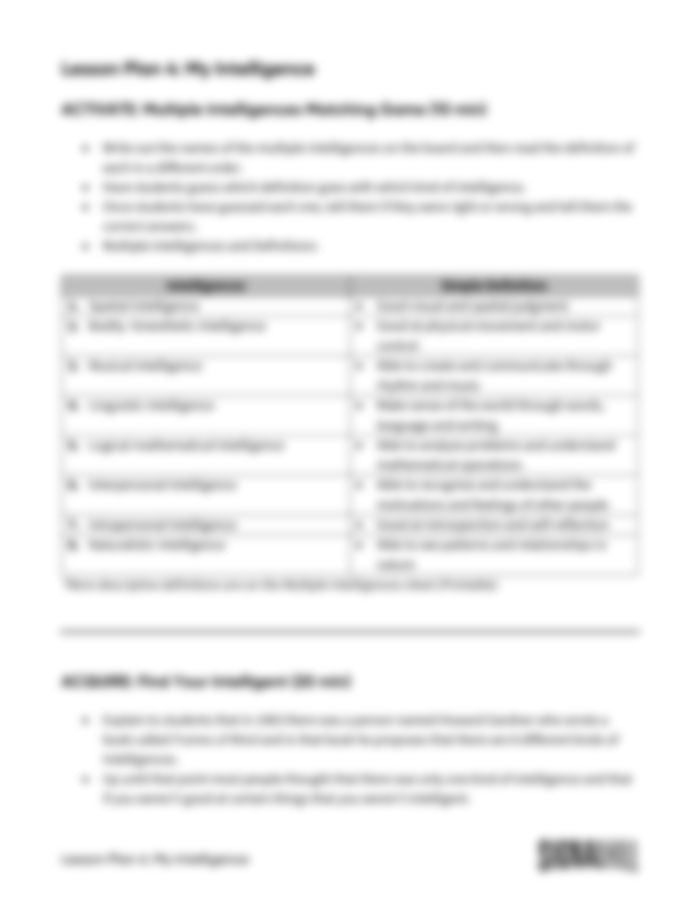 Lesson Plan 4: My Intelligence