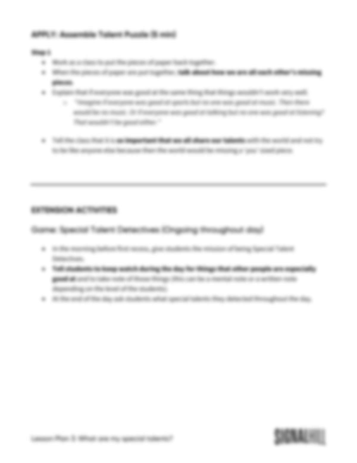Lesson Plan 3: What Are My Special Talents?