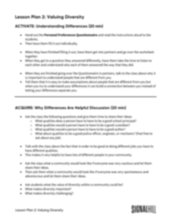 Lesson Plan 2: Valuing Diversity