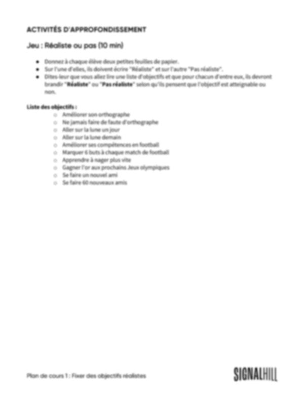 Plan de cours 1: Fixer des objectifs réalistes
