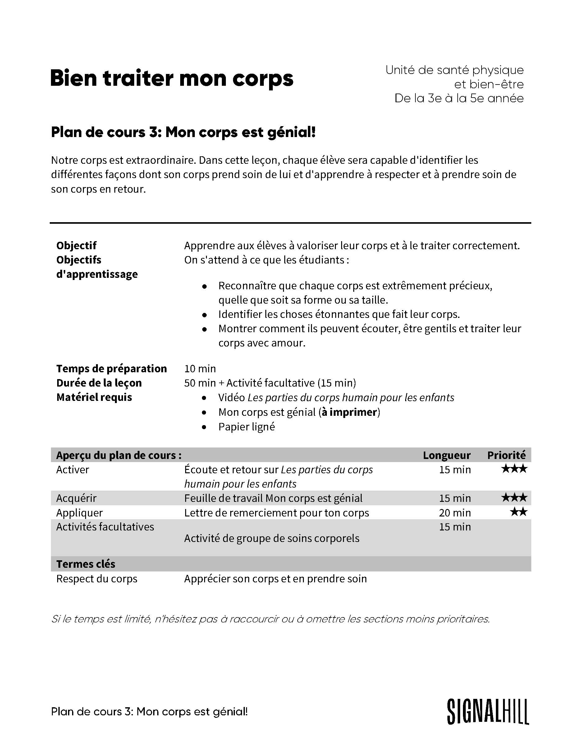 Bien traiter mon corps - Ensemble de plans de cours (4 plans de cours ...