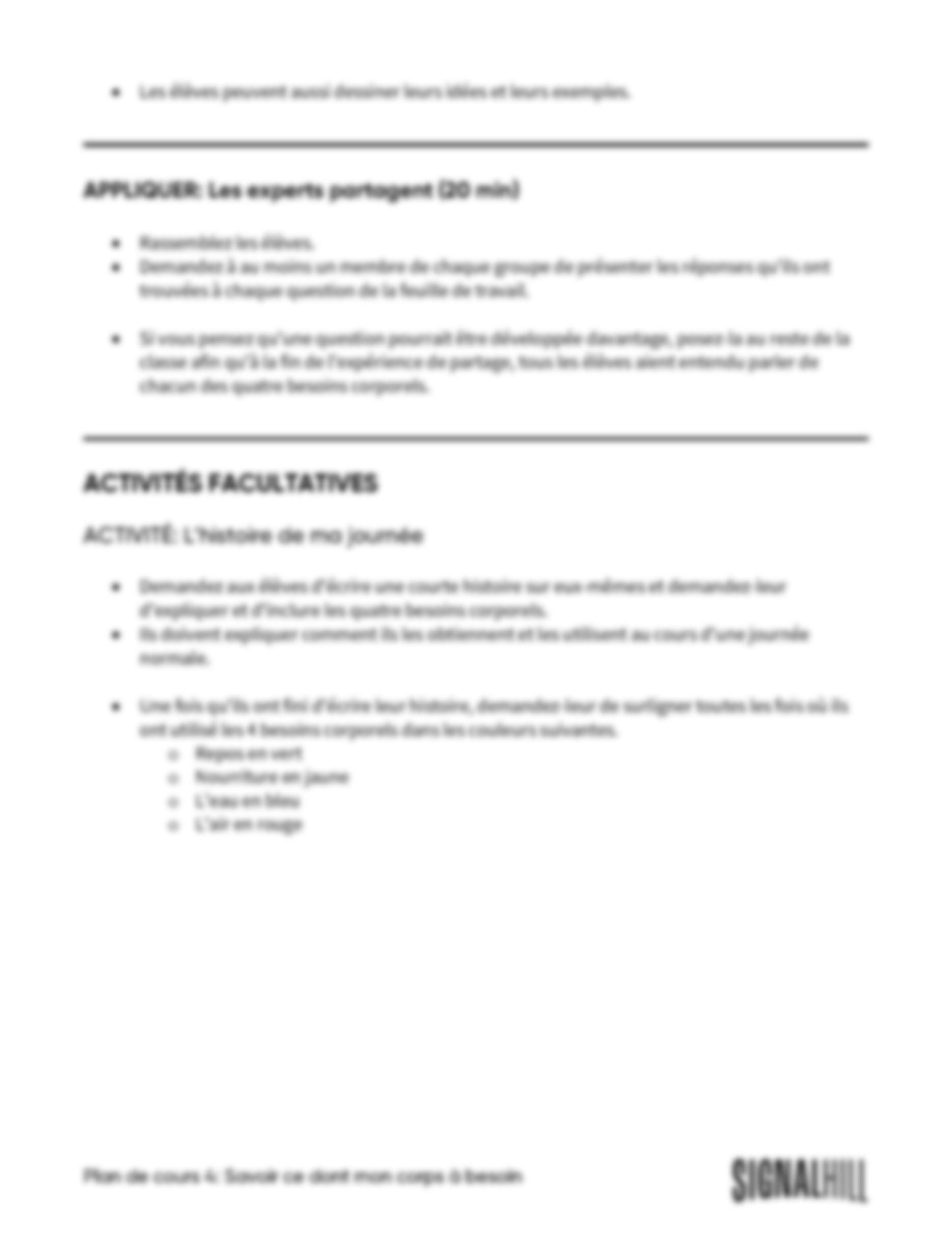 Plan de cours 4: Savoir ce dont mon corps à besoin