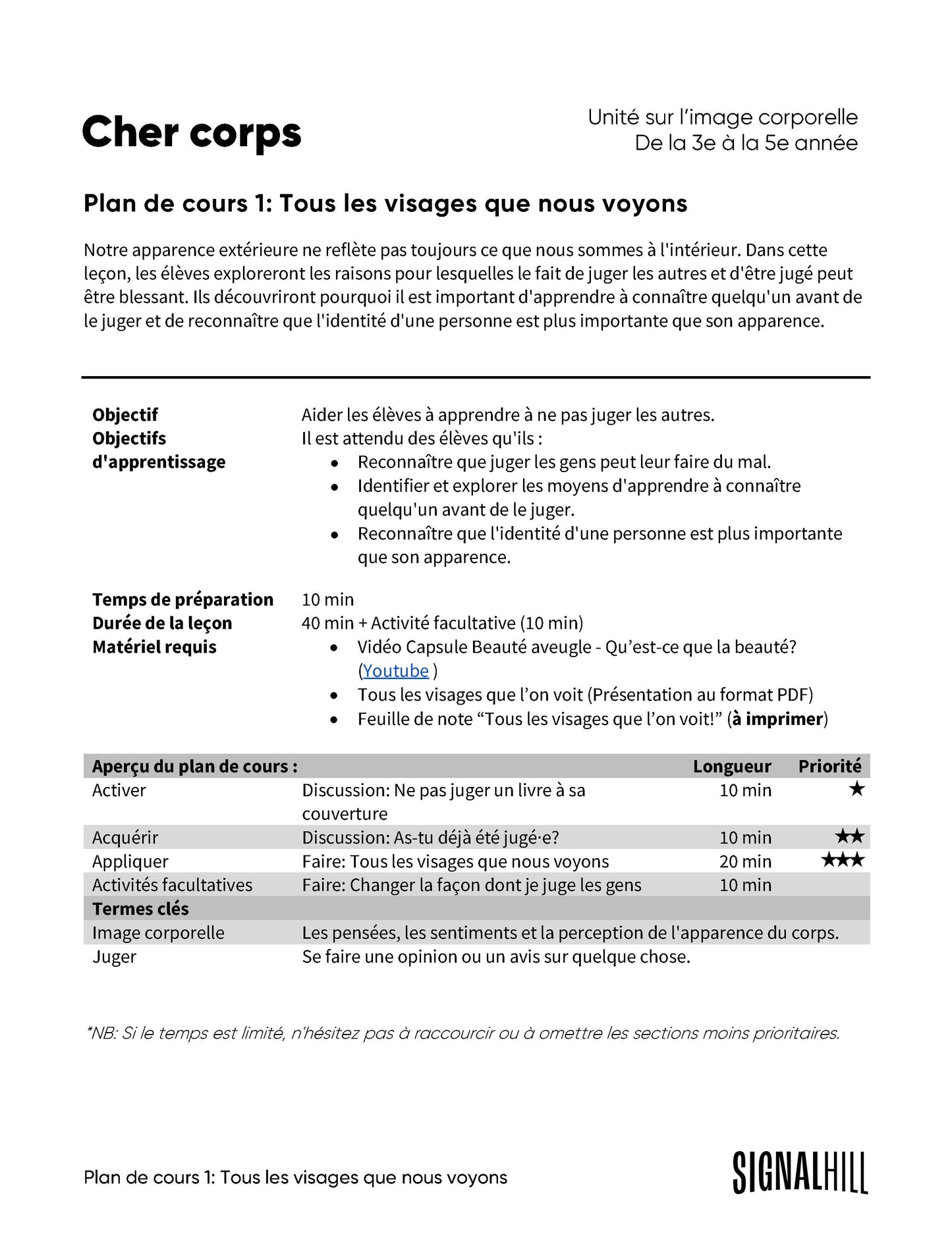 Cher corps - Ensemble de plans de cours (4 plans de cours)