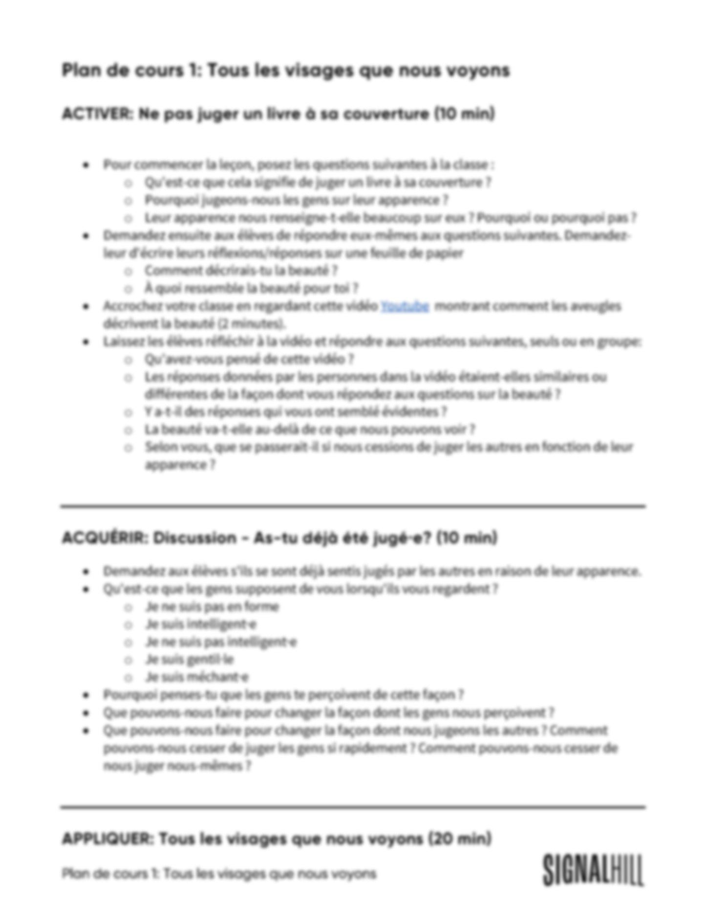 Plan de cours 1: Tous les visages que nous voyons