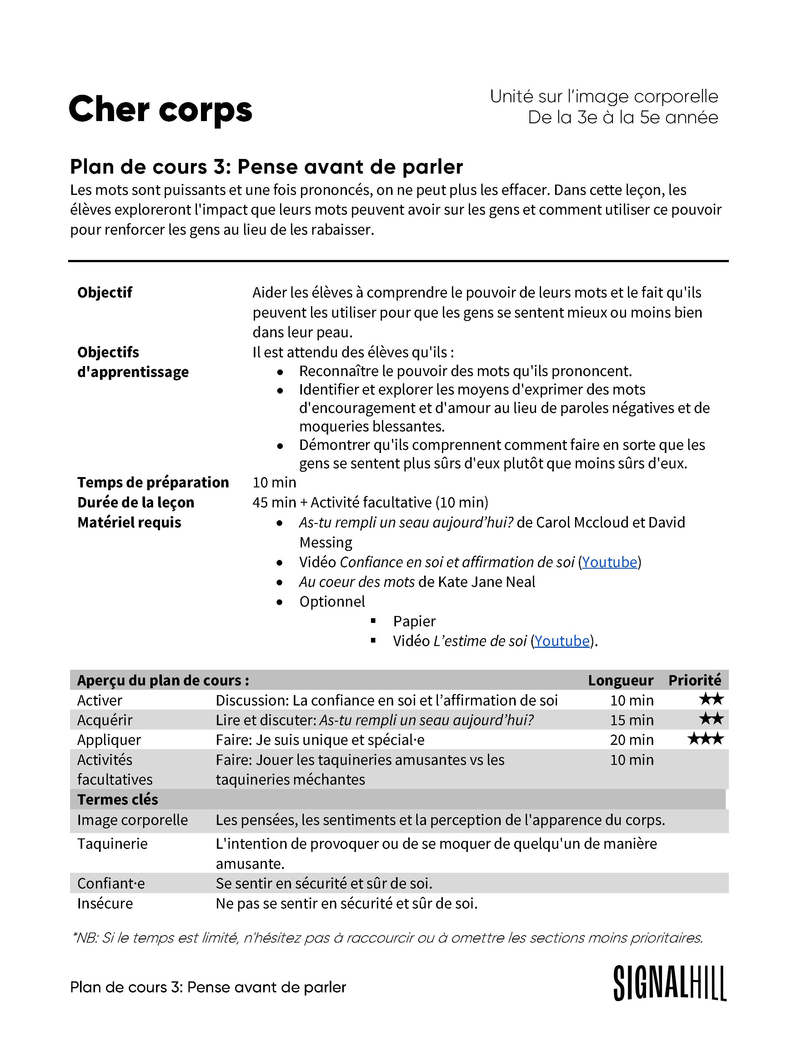 Cher corps - Ensemble de plans de cours (4 plans de cours) – Signal Hill