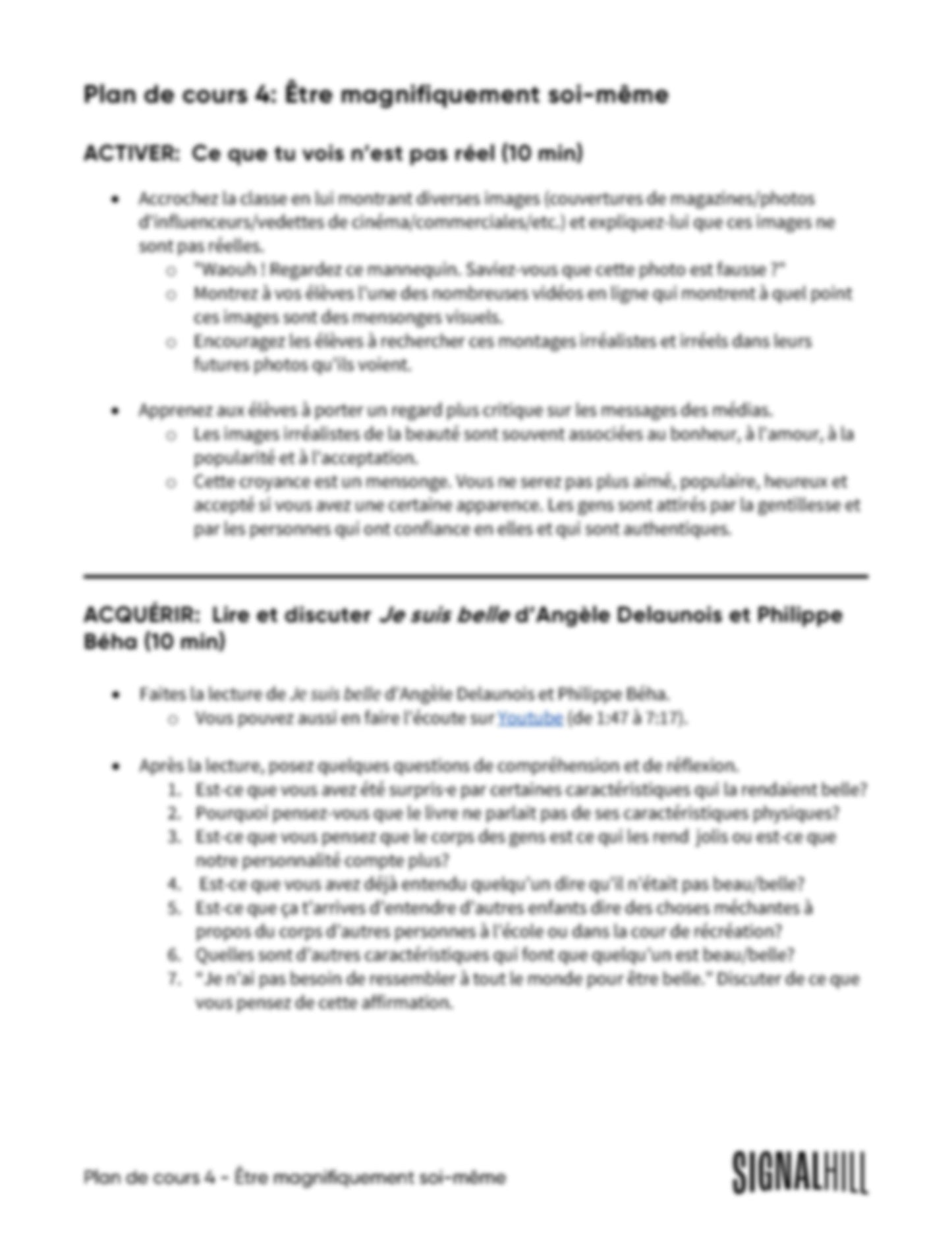 Plan de cours 4: Être magnifiquement soi-même
