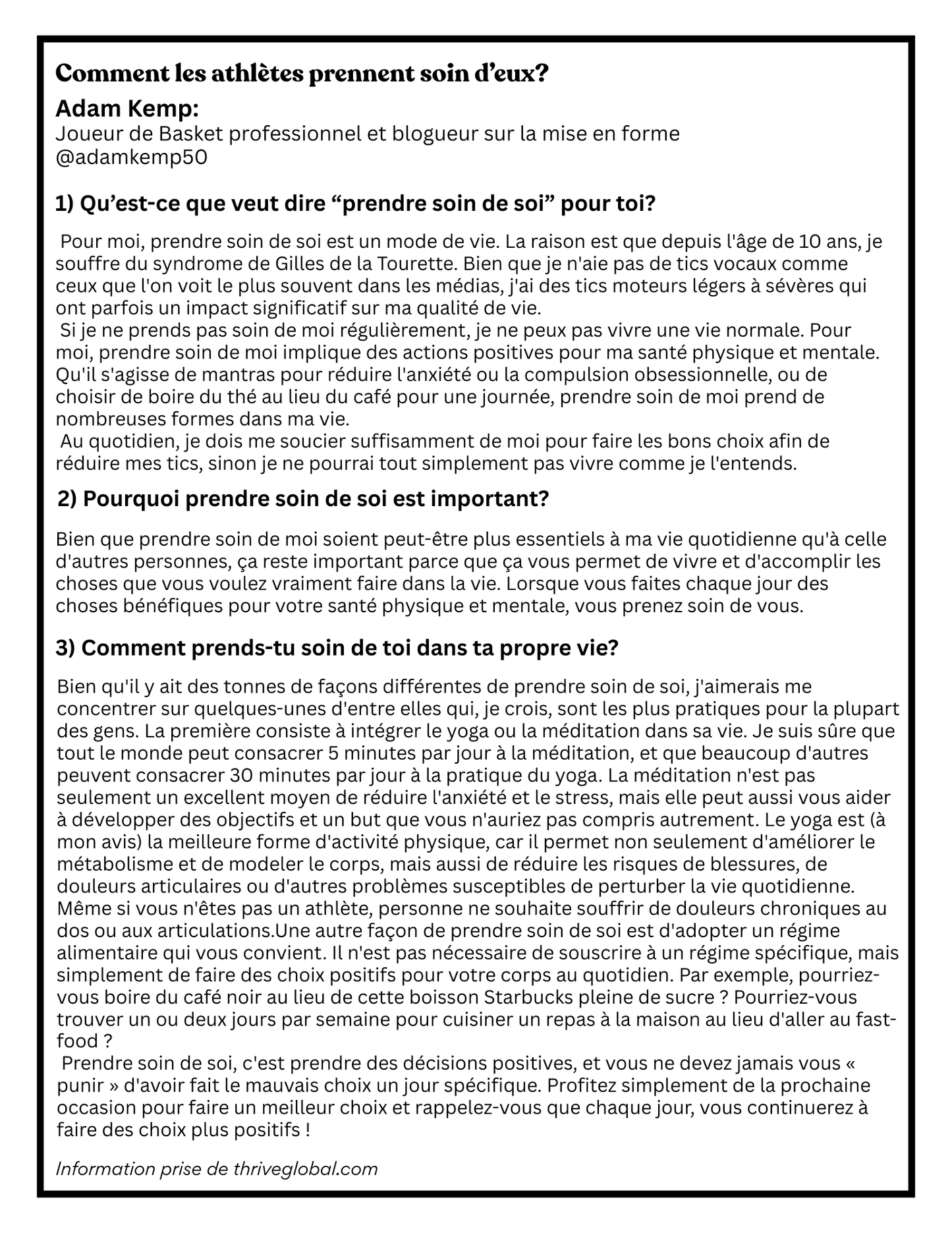 Plan de cours 4: Prendre soin de soi