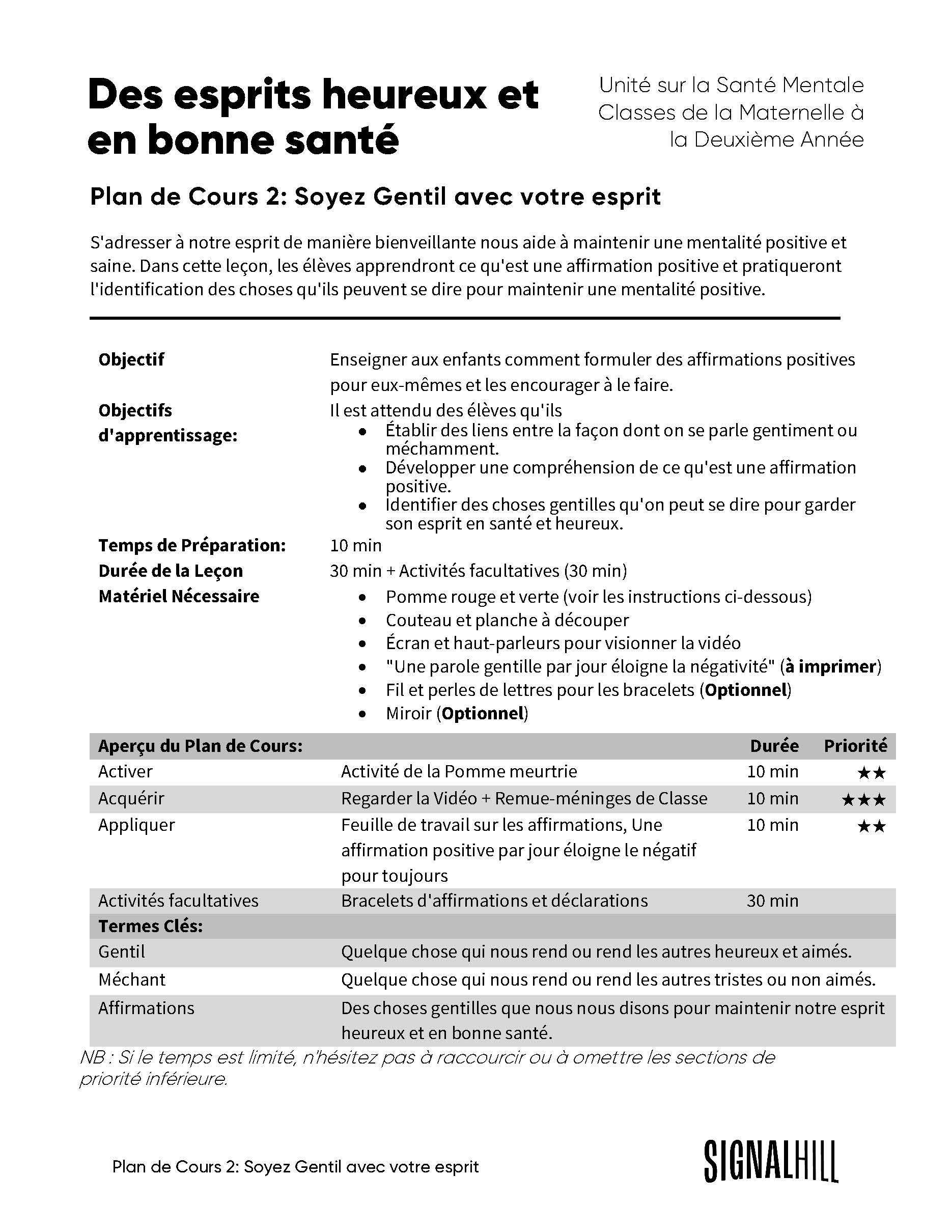 Des esprits heureux et en bonne santé - Ensemble de plans de cours (4 ...