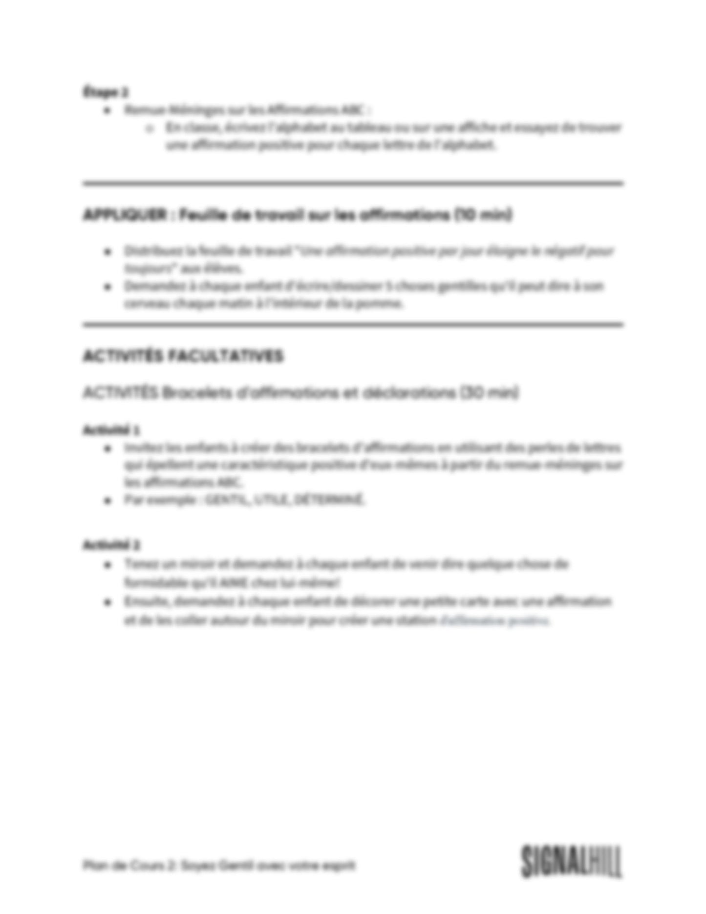 Plan de cours 2: Soyez gentil avec votre esprit