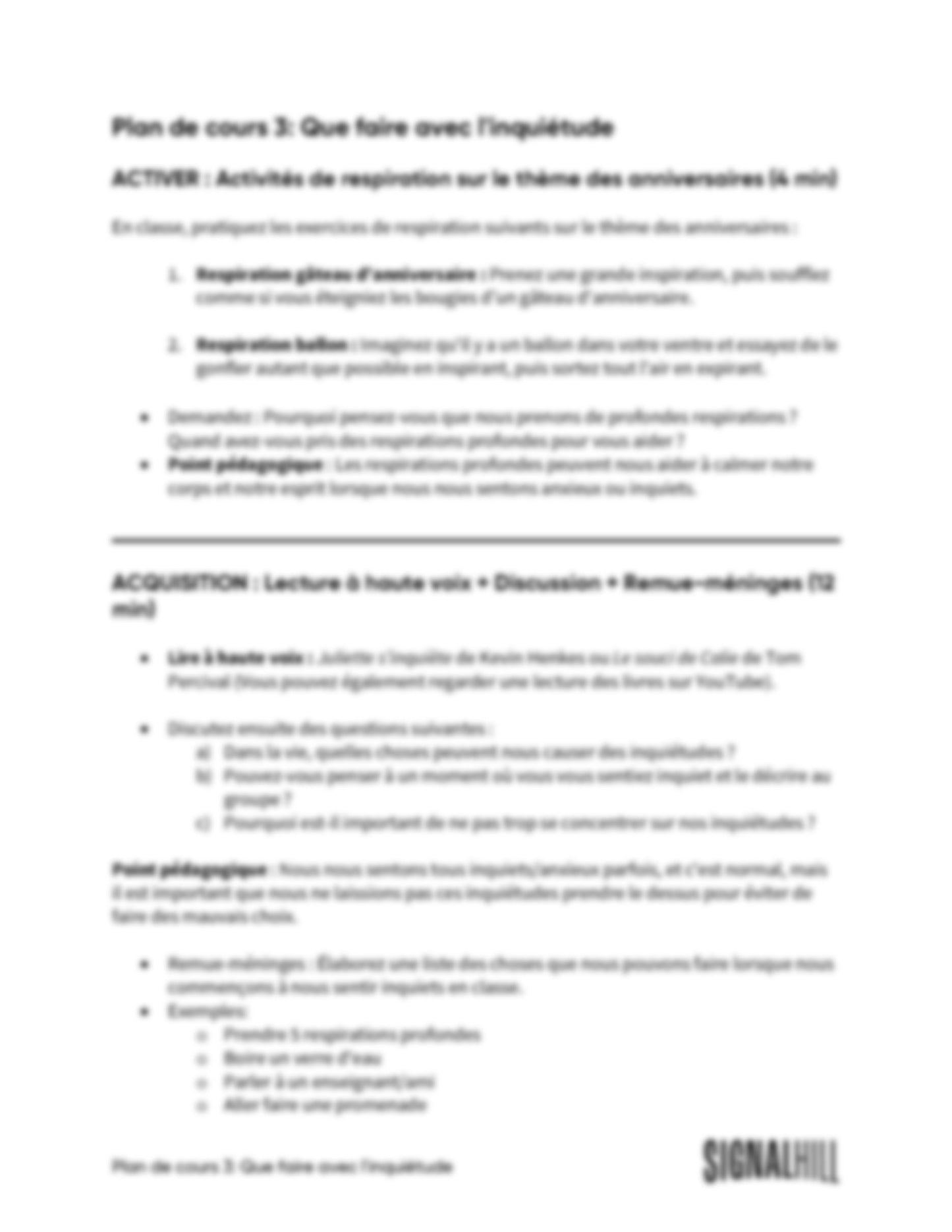 Plan de cours 3: Que faire avec l'inquiétude
