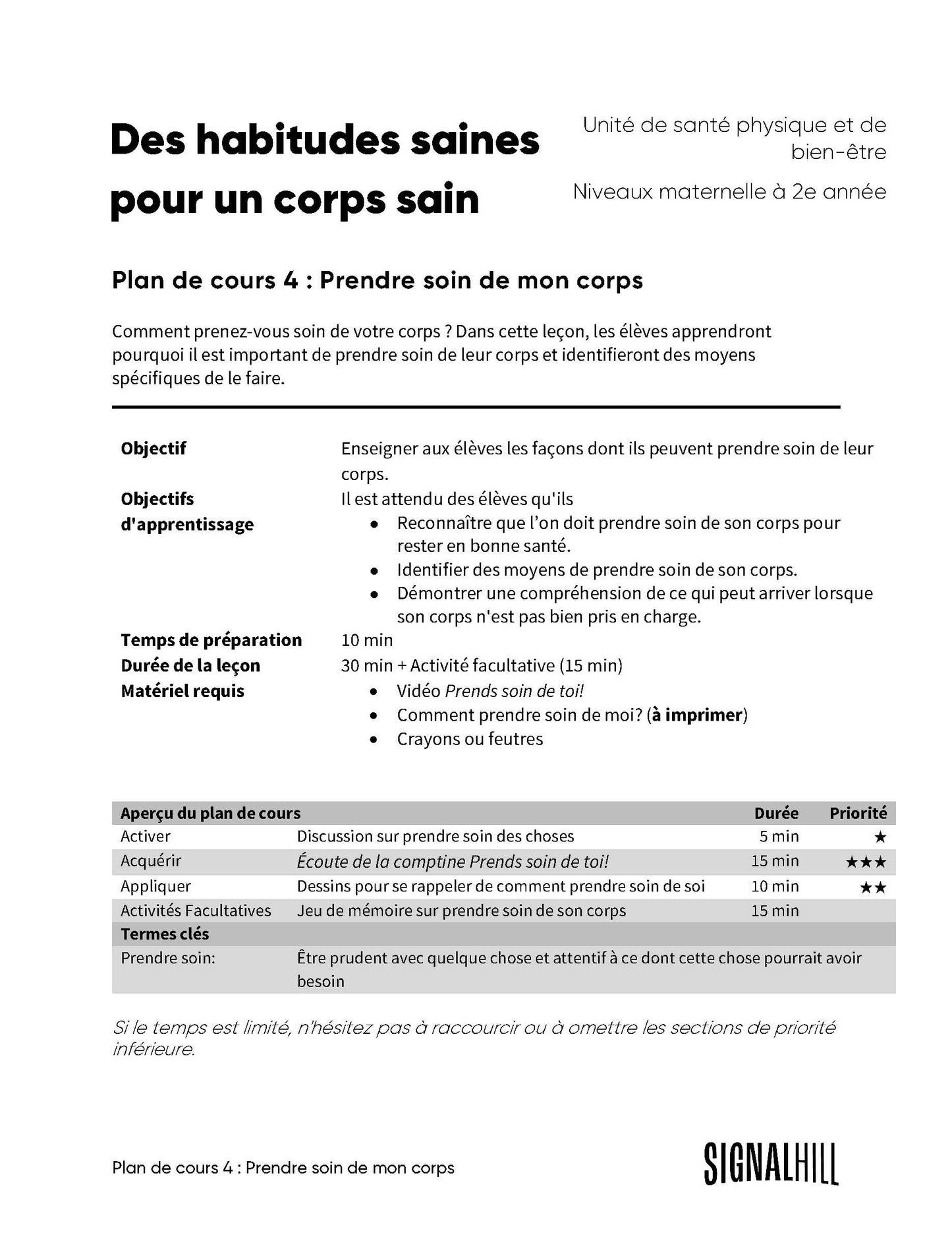 Plan de cours 4 : Prendre soin de mon corps
