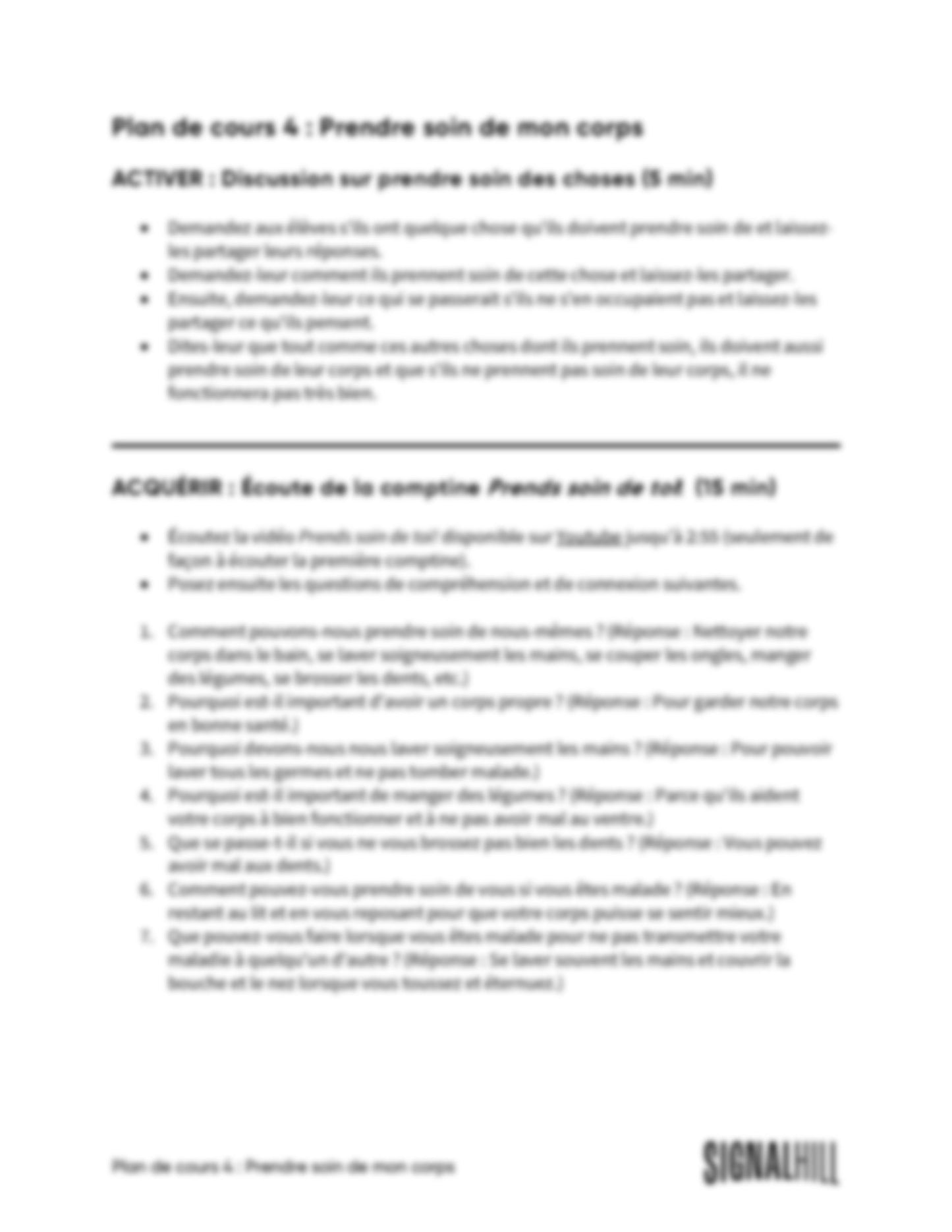 Plan de cours 4 : Prendre soin de mon corps