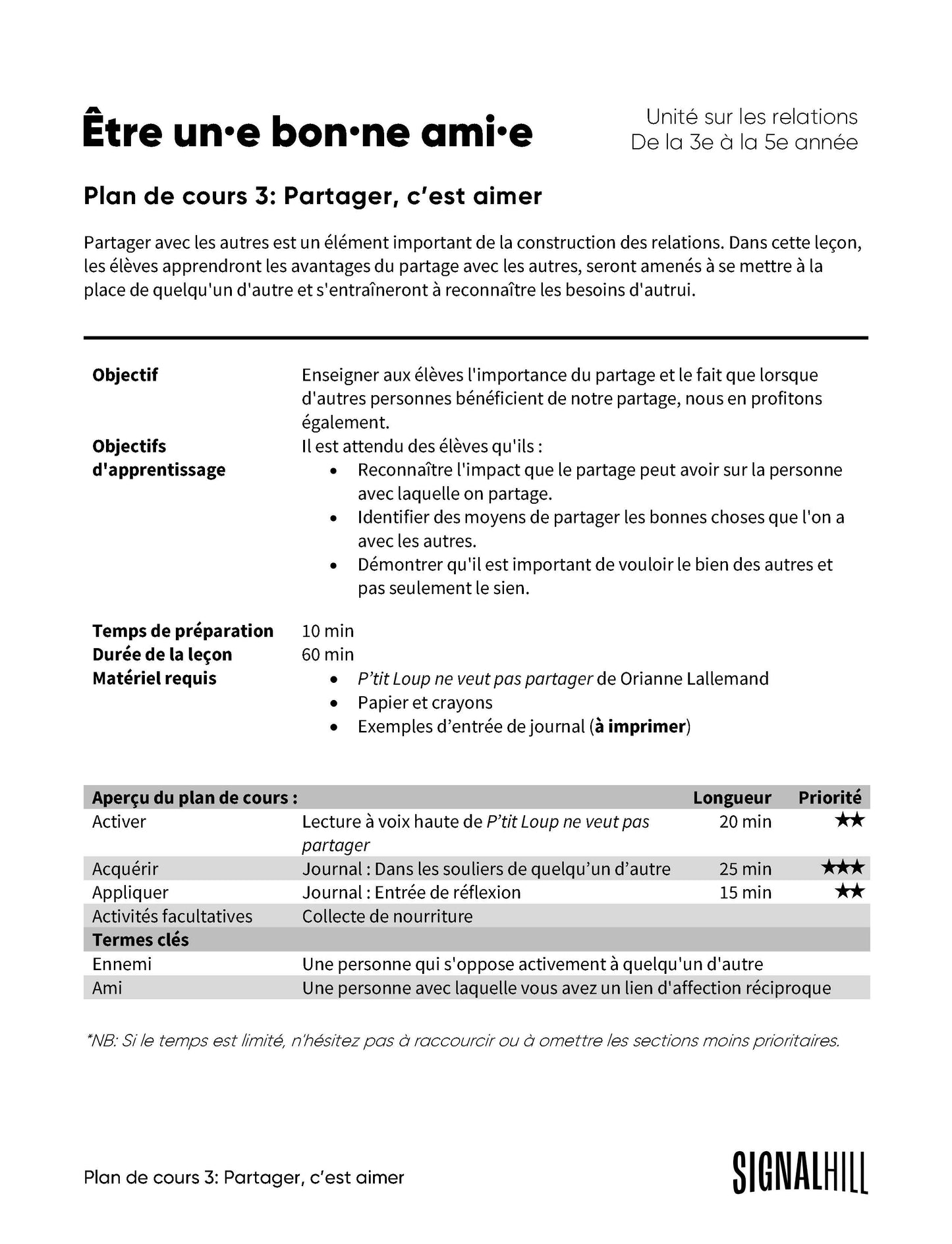 Plan de cours 3: Partager, c’est aimer