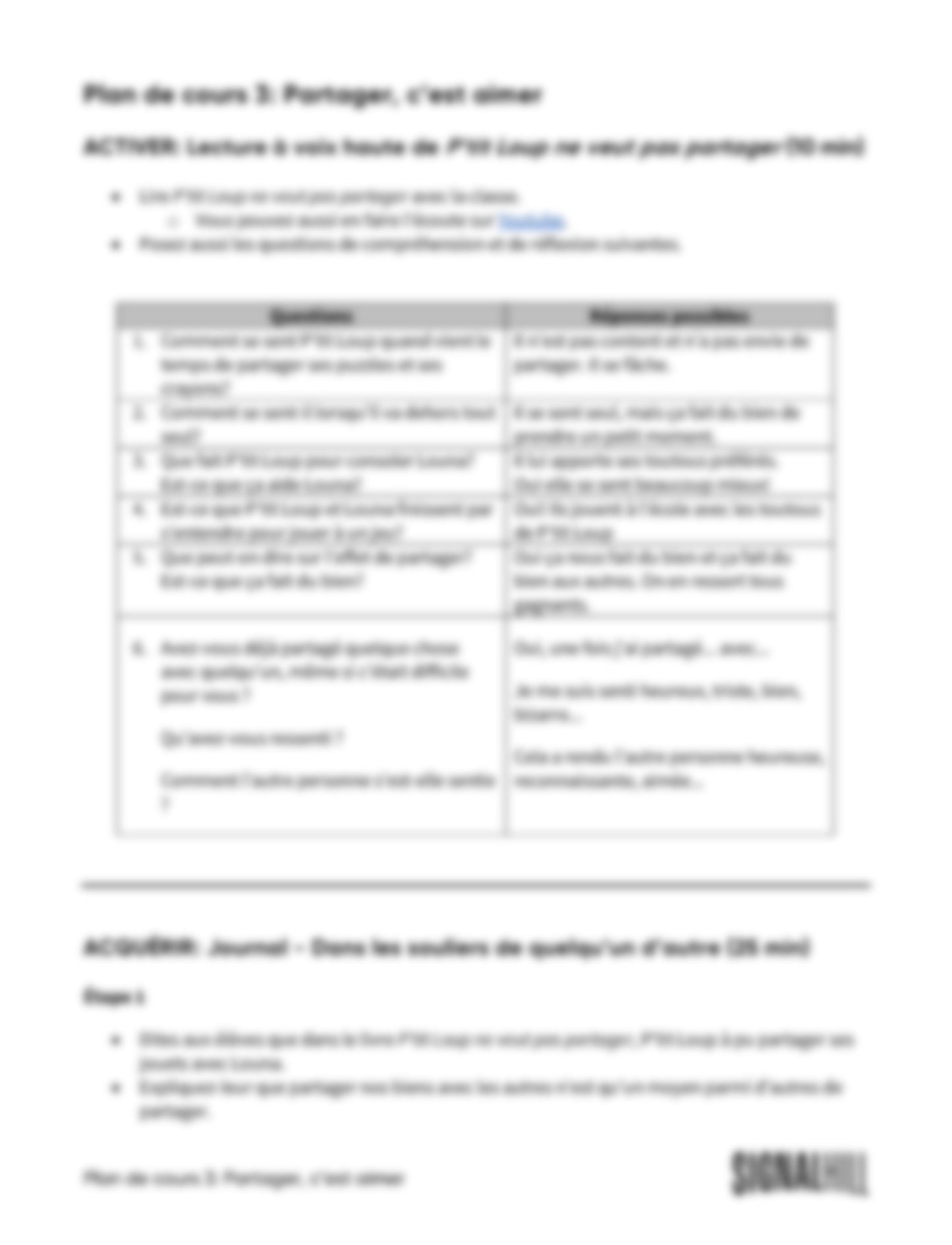Plan de cours 3: Partager, c’est aimer