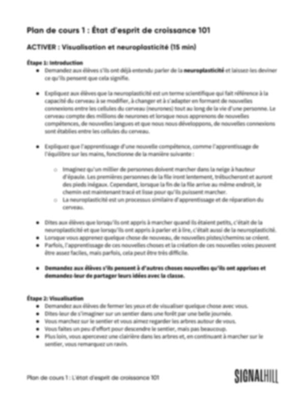 Plan de cours 1: État d'esprit de croissance 101