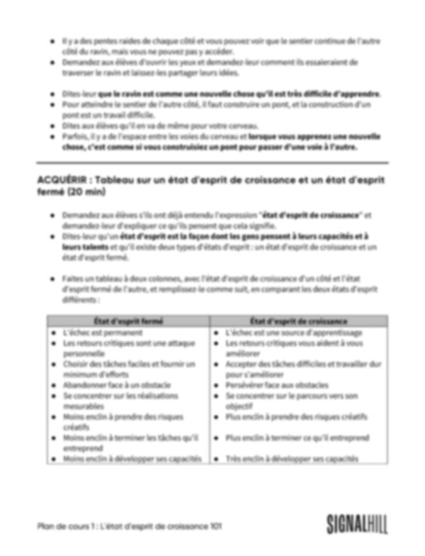 Plan de cours 1: État d'esprit de croissance 101