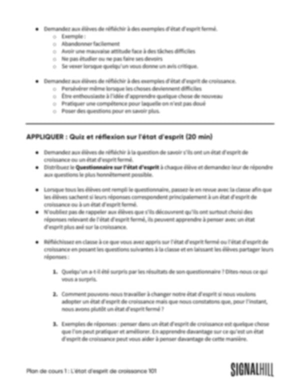 Plan de cours 1: État d'esprit de croissance 101