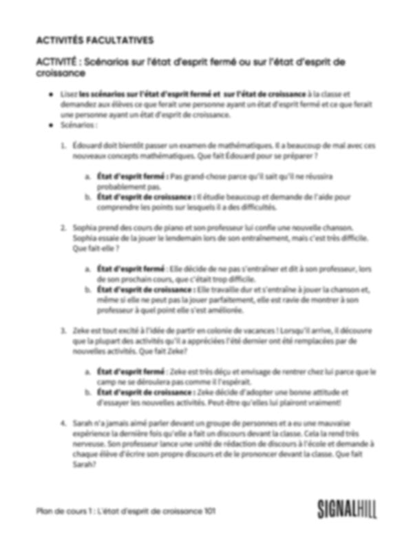 Plan de cours 1: État d'esprit de croissance 101