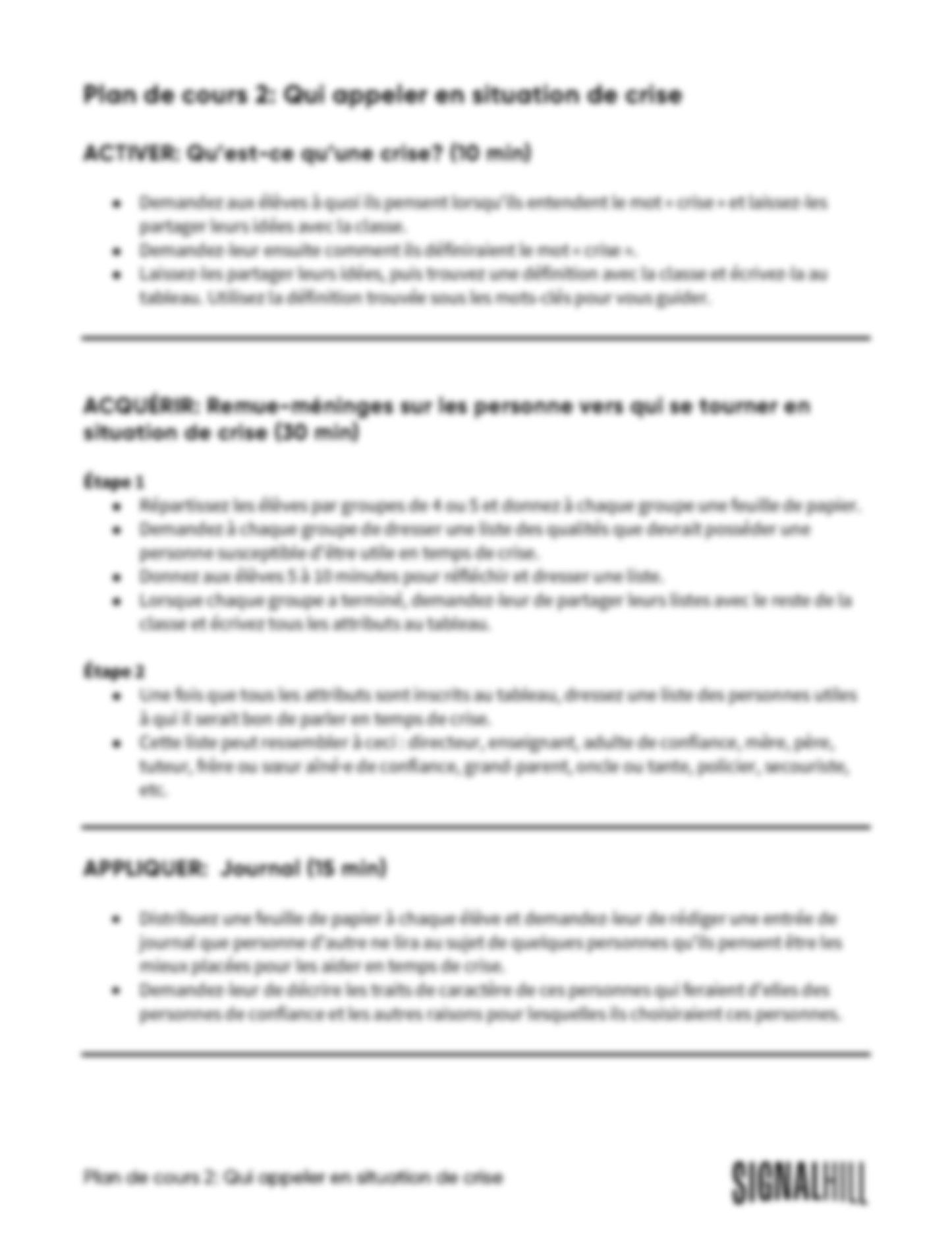 Plan de cours 2: Qui appeler en situation de crise