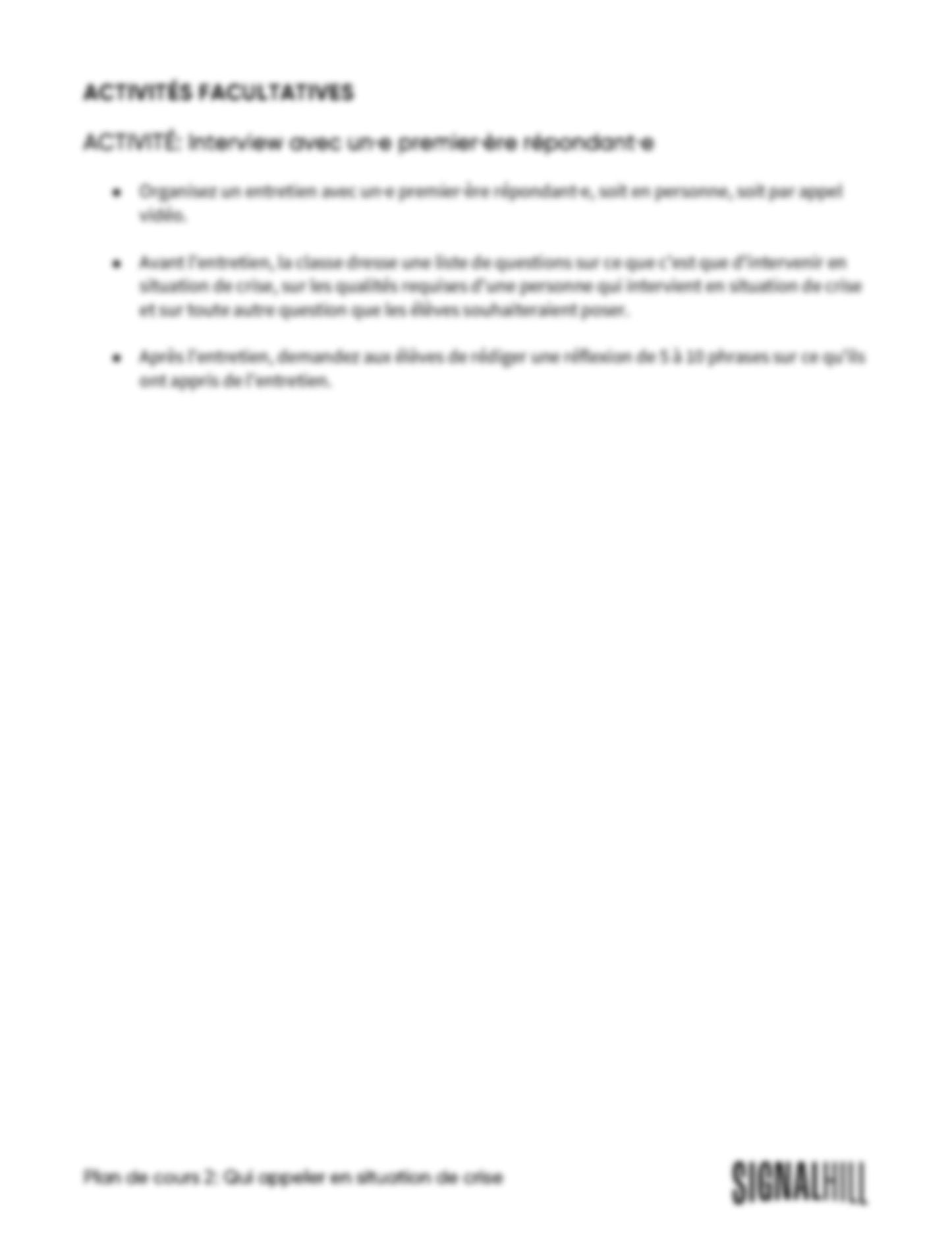 Plan de cours 2: Qui appeler en situation de crise