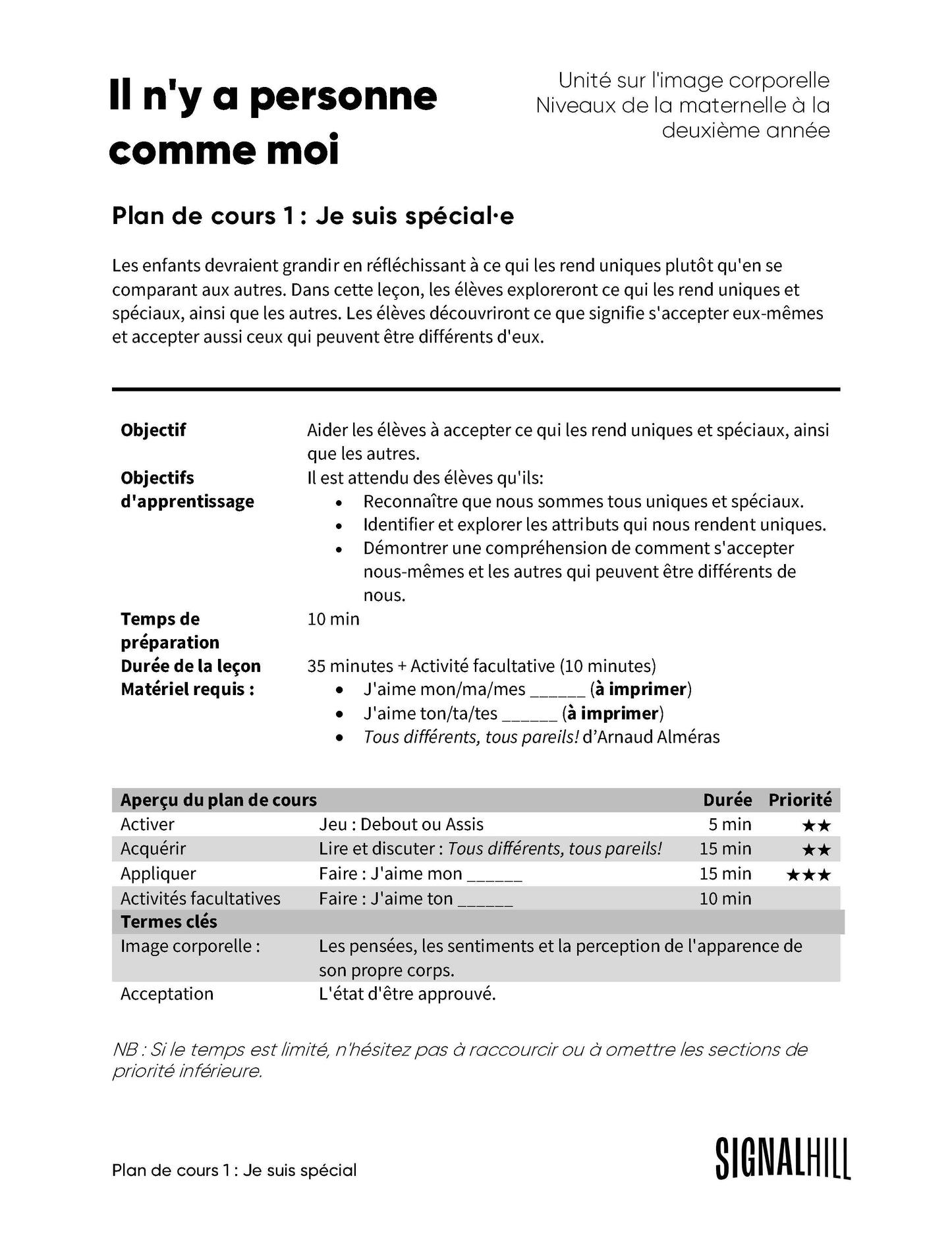 Plan de cours 1: Je suis spécial·e