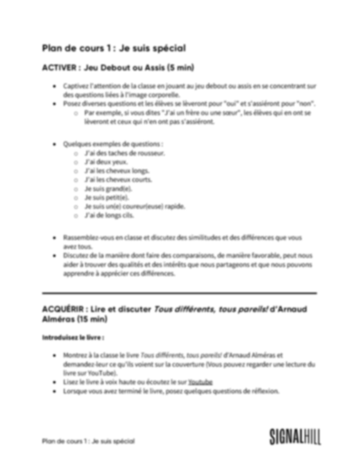 Plan de cours 1: Je suis spécial·e