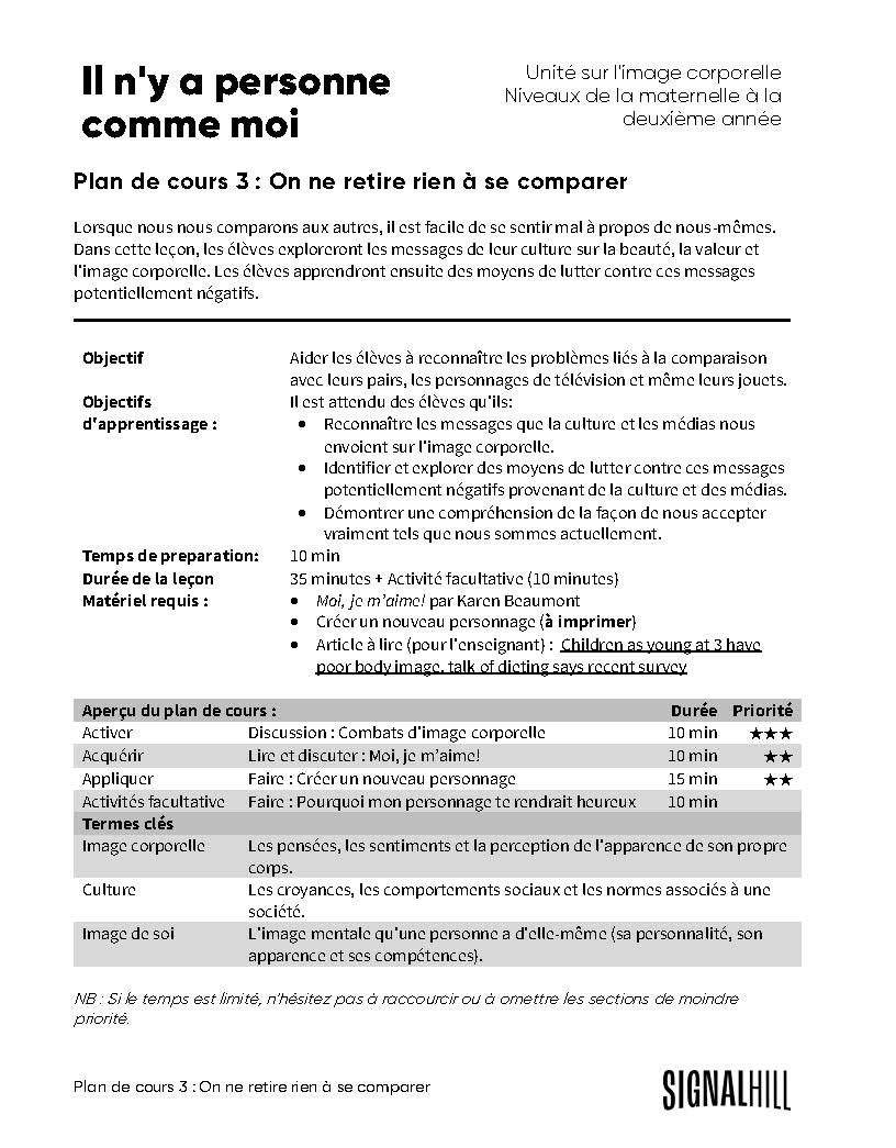 Plan de cours 3: On ne retire rien à se comparer