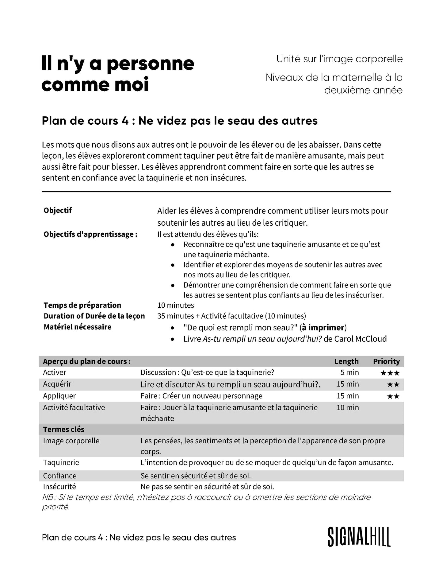 Plan de cours 4: Ne videz pas le seau des autres