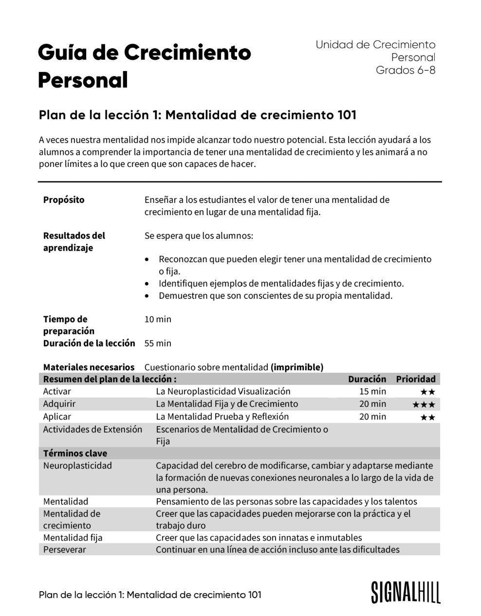 Guía de Crecimiento Personal  -  Paquete de Plan de Lecciones (4 Plan de Lecciones)