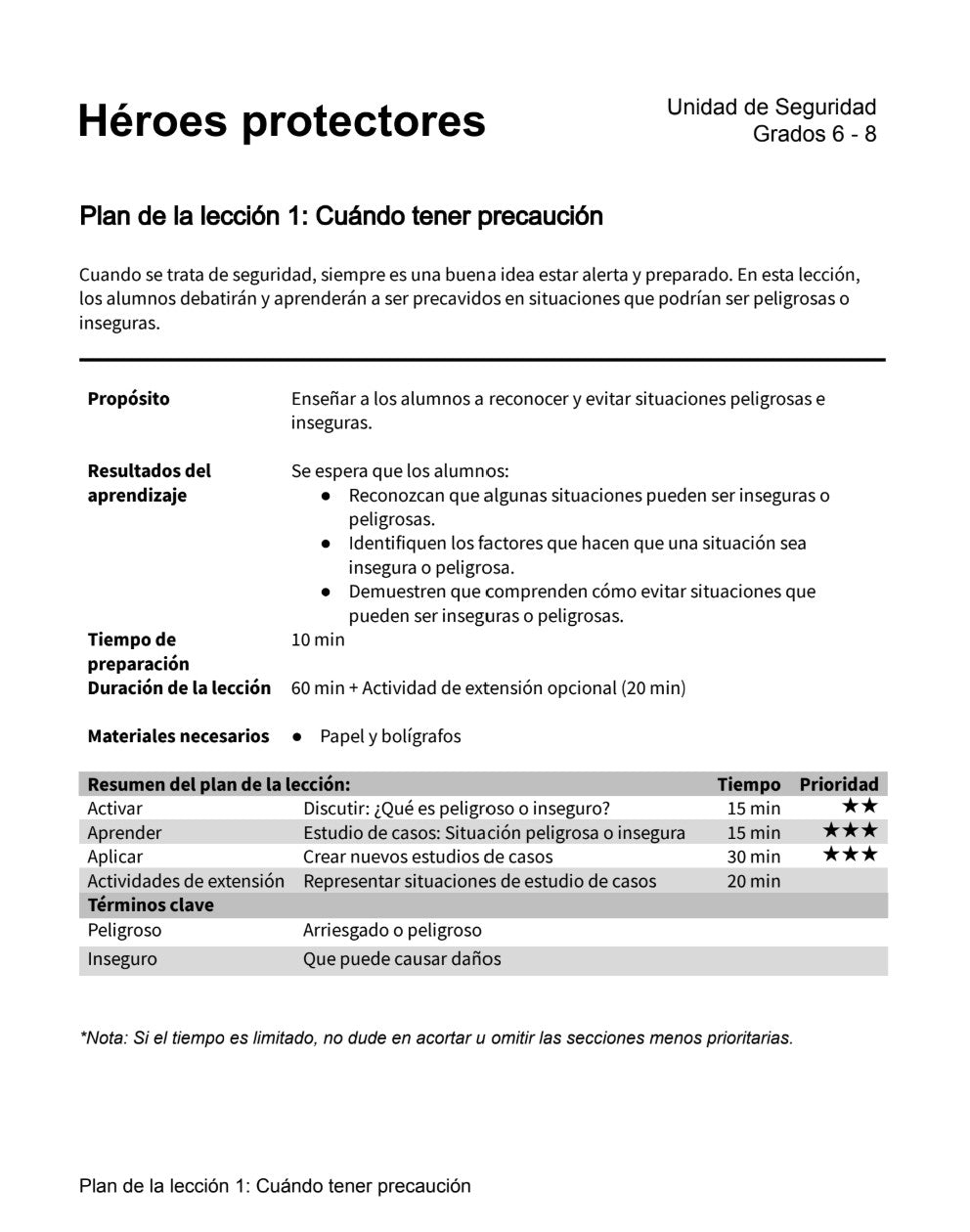 Héroes Protectores  -  Paquete de Plan de Lecciones (4 Plan de Lecciones)